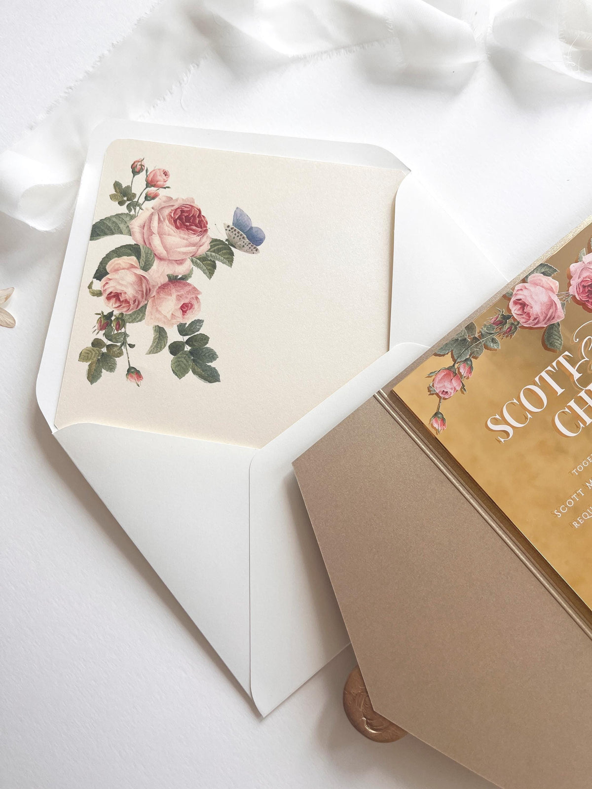 Gold Mirror Acrylic Wedding Invitation Suite - Personalised Invite, Details, RSVP, Custom Colour Tri-Fold Pocket