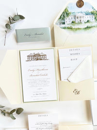 Wedding Venue Invitation Suite with Classic Tri-Fold Pocket - Gold Foil Details, Watercolour Lined Envelope