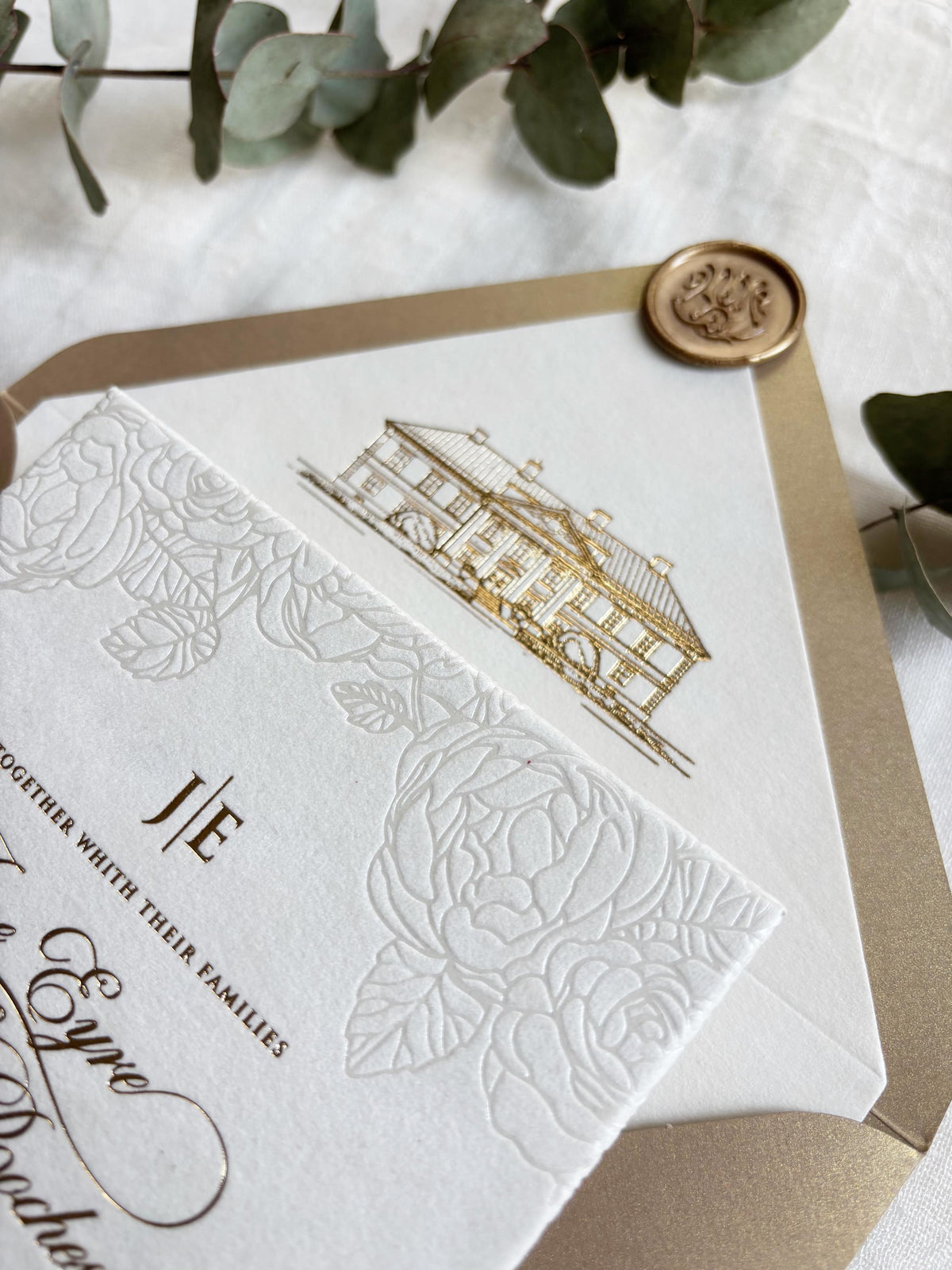 Luxury Velvet Wedding Invitations with Pearl Foil Rose Detail & Gold Foil Hot Stamping Text - Custom Venue Sketch Liner