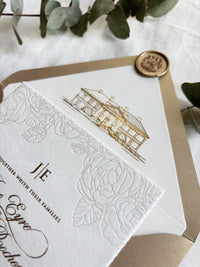 Luxury Velvet Wedding Invitations with Pearl Foil Rose Detail & Gold Foil Hot Stamping Text - Custom Venue Sketch Liner