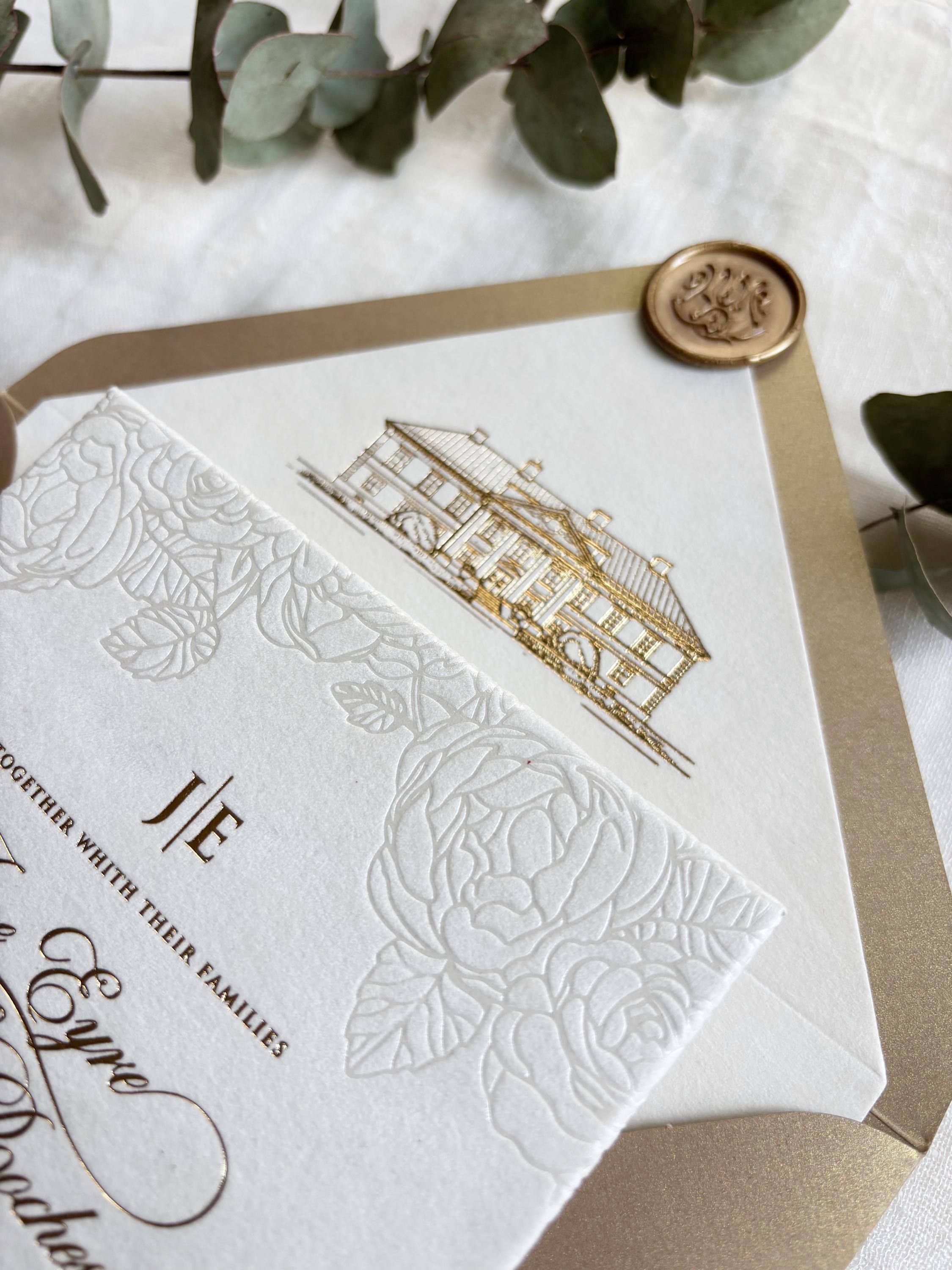 Luxury Velvet Wedding Invitations with Pearl Foil Rose Detail & Gold Foil Hot Stamping Text - Custom Venue Sketch Liner
