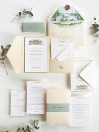Wedding Venue Invitation Suite with Classic Tri-Fold Pocket - Gold Foil Details, Watercolour Lined Envelope