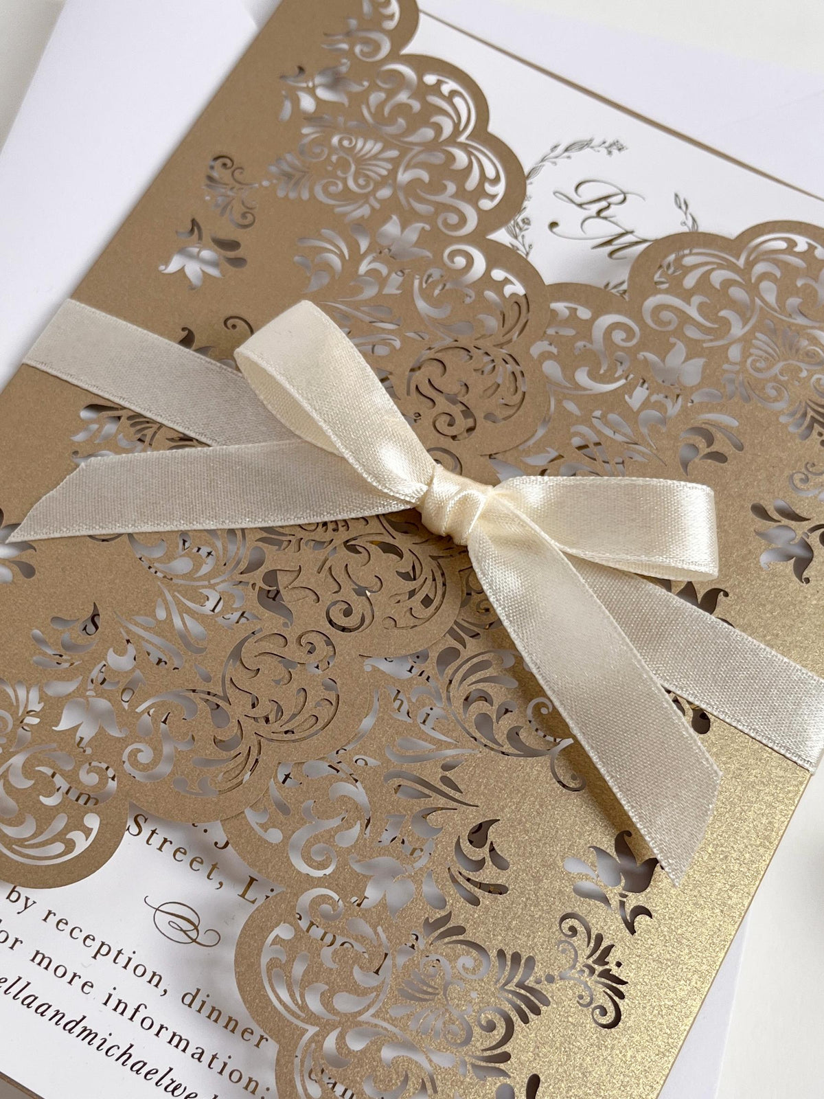 Intricate Lace Laser Cut Gatefold Wedding Invitation with Satin Bow, Personalised Gold Foil Printed Insert