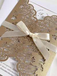 Intricate Lace Laser Cut Gatefold Wedding Invitation with Satin Bow, Personalised Gold Foil Printed Insert