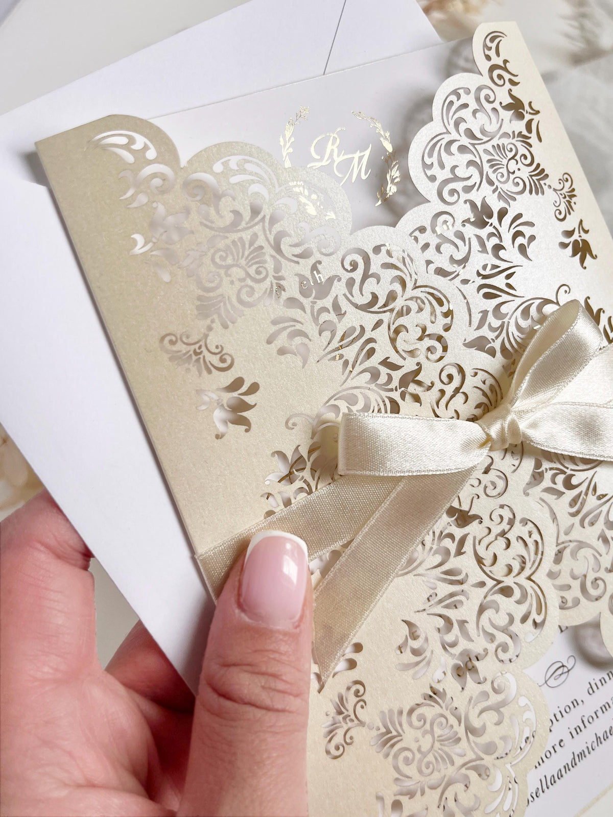 Intricate Lace Laser Cut Gatefold Wedding Invitation with Satin Bow, Personalised Gold Foil Printed Insert