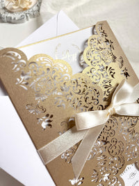 Intricate Lace Laser Cut Gatefold Wedding Invitation with Satin Bow, Personalised Gold Foil Printed Insert