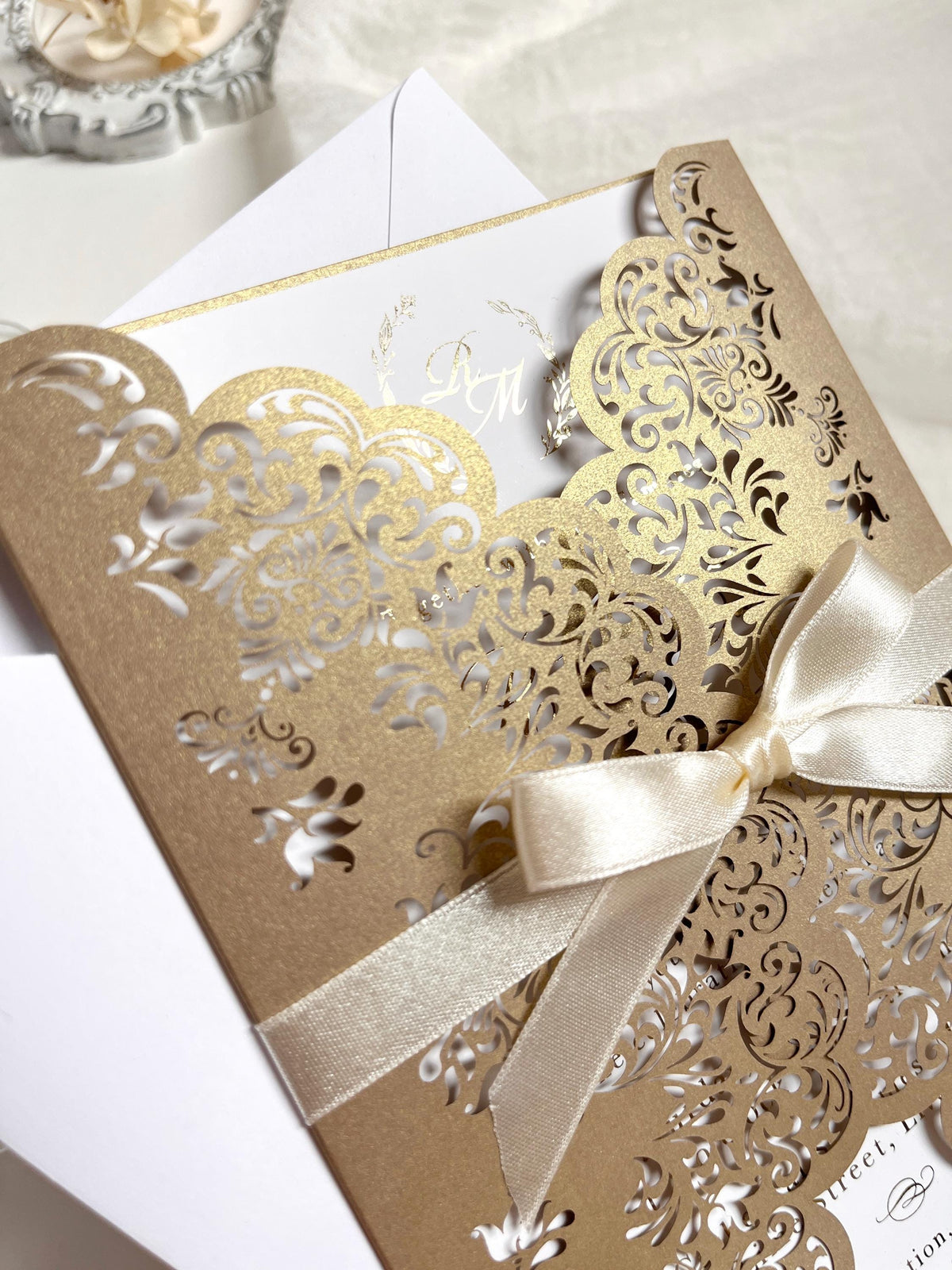Intricate Lace Laser Cut Gatefold Wedding Invitation with Satin Bow, Personalised Gold Foil Printed Insert