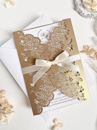 Intricate Lace Laser Cut Gatefold Wedding Invitation with Satin Bow, Personalised Gold Foil Printed Insert