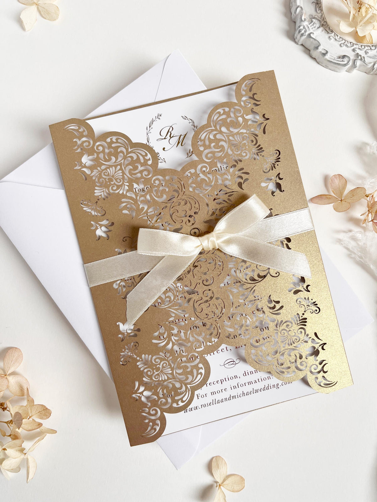 Intricate Lace Laser Cut Gatefold Wedding Invitation with Satin Bow, Personalised Gold Foil Printed Insert