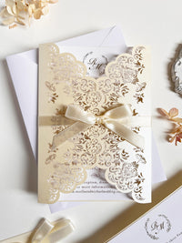 Intricate Lace Laser Cut Gatefold Wedding Invitation with Satin Bow, Personalised Gold Foil Printed Insert