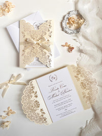 Intricate Lace Laser Cut Gatefold Wedding Invitation with Satin Bow, Personalised Gold Foil Printed Insert