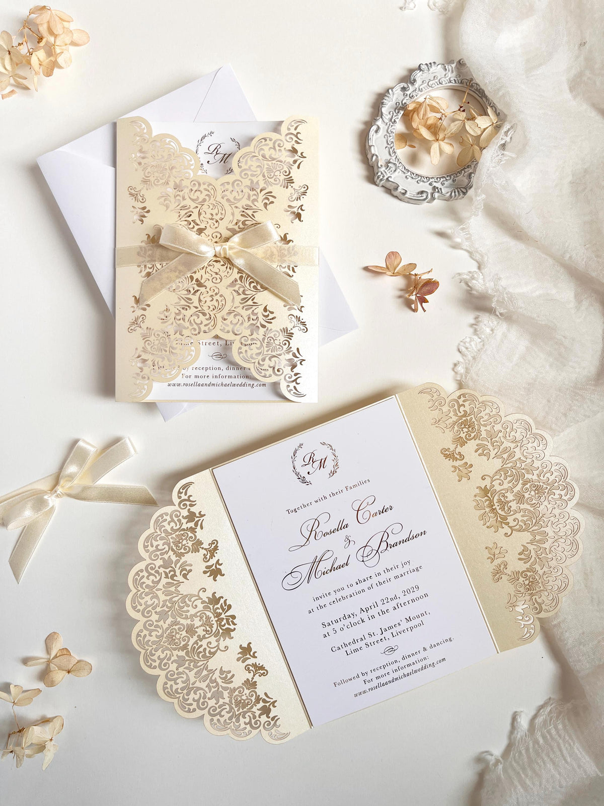 Intricate Lace Laser Cut Gatefold Wedding Invitation with Satin Bow, Personalised Gold Foil Printed Insert