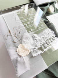 Clear Acrylic Wedding Invitation Suite, Sage Green Wedding Invite with Vellum Wrap & Wax Seal | Venue Joannitów Castle