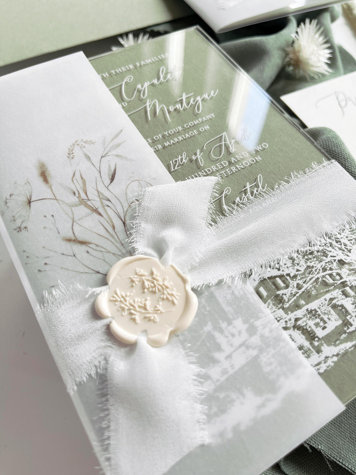 Clear Acrylic Wedding Invitation Suite, Sage Green Wedding Invite with Vellum Wrap & Wax Seal | Venue Joannitów Castle