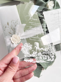 Clear Acrylic Wedding Invitation Suite, Sage Green Wedding Invite with Vellum Wrap & Wax Seal | Venue Joannitów Castle