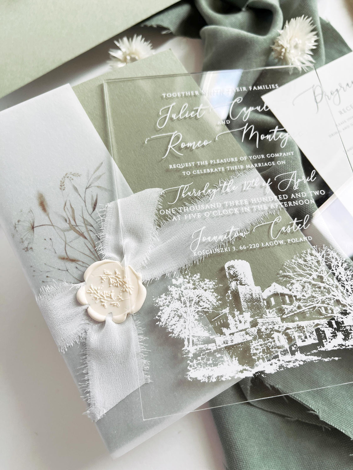 Clear Acrylic Wedding Invitation Suite, Sage Green Wedding Invite with Vellum Wrap & Wax Seal | Venue Joannitów Castle