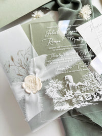 Clear Acrylic Wedding Invitation Suite, Sage Green Wedding Invite with Vellum Wrap & Wax Seal | Venue Joannitów Castle