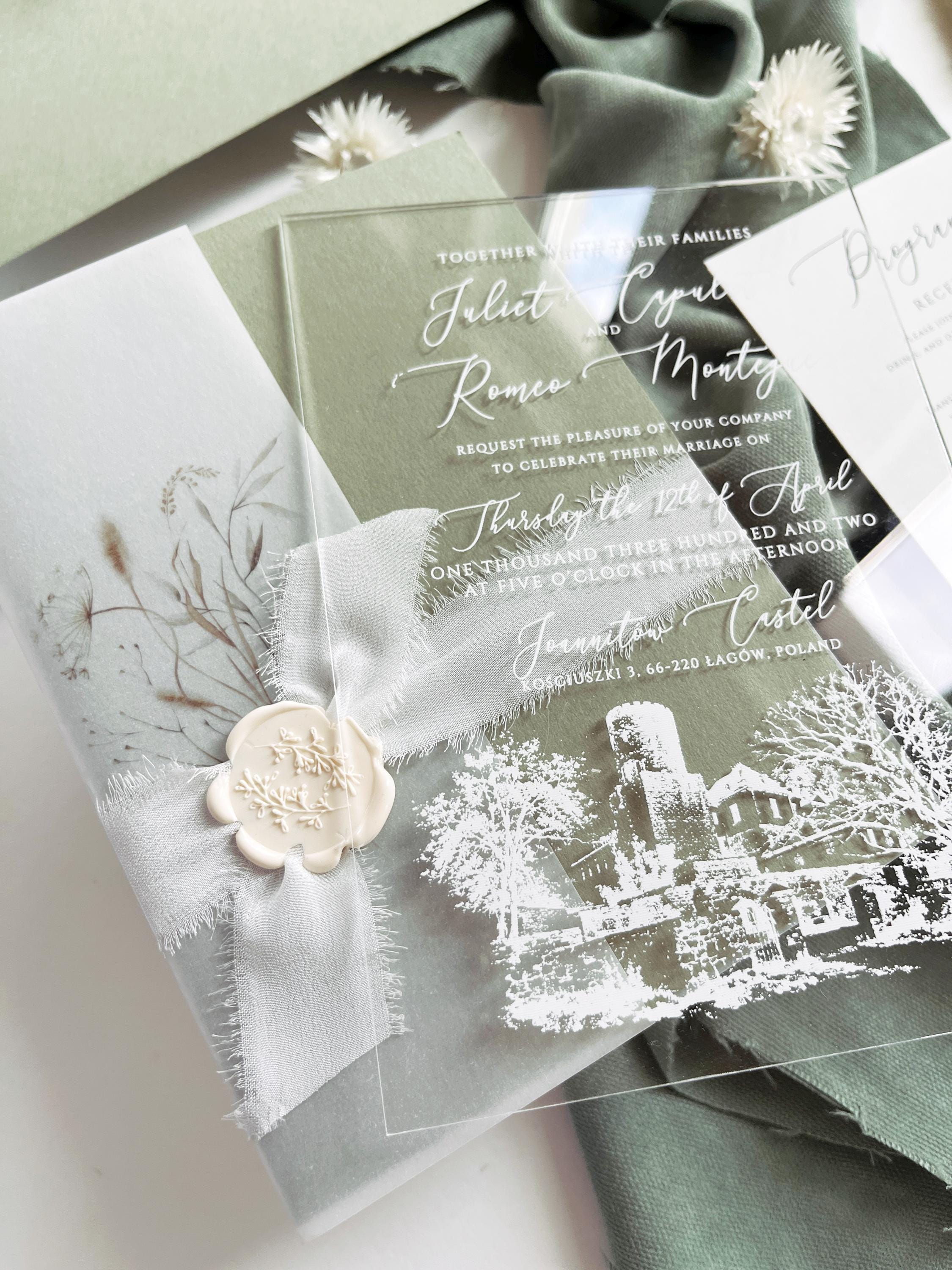 Clear Acrylic Wedding Invitation Suite, Sage Green Wedding Invite with Vellum Wrap & Wax Seal | Venue Joannitów Castle