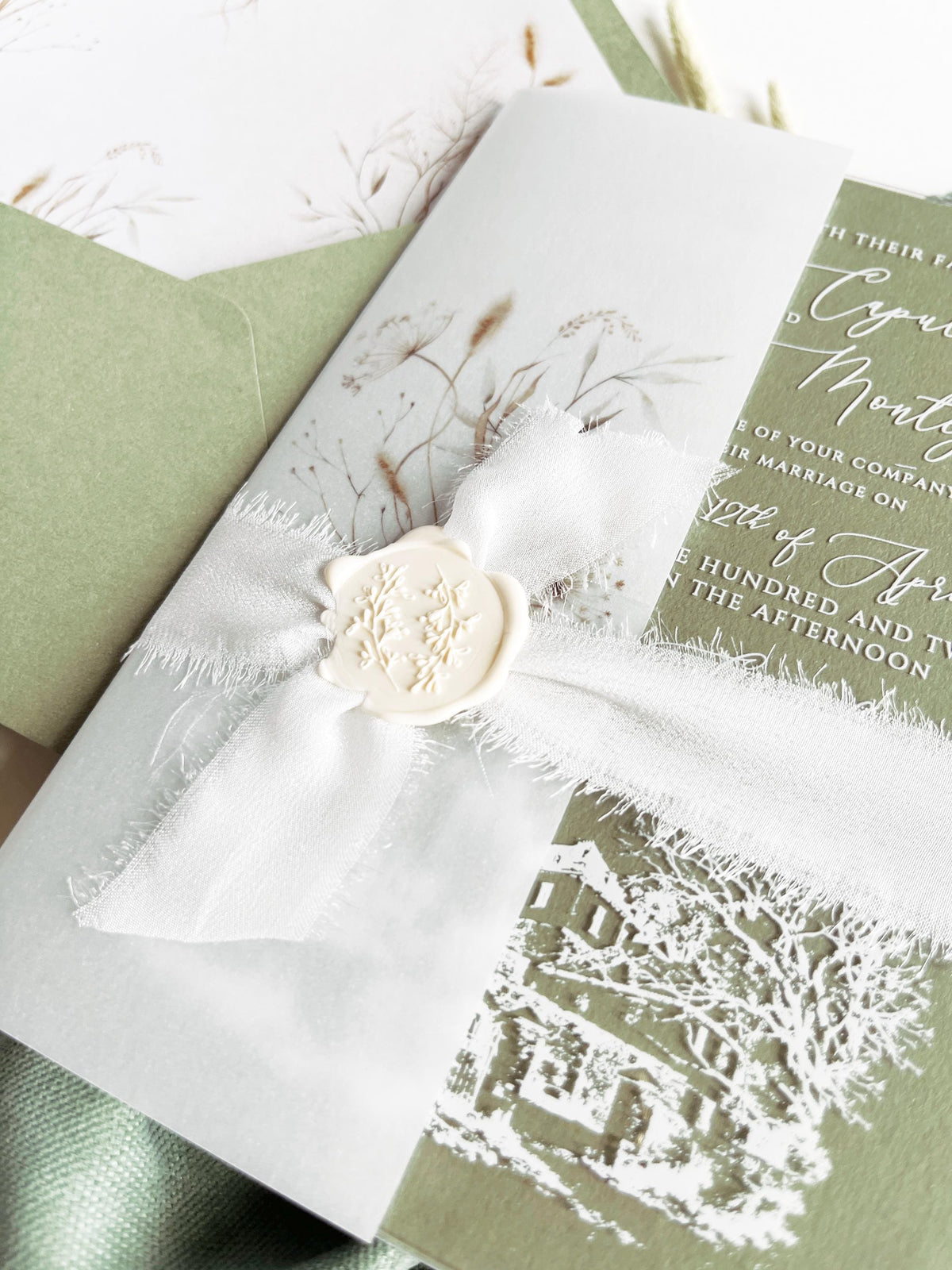 Clear Acrylic Wedding Invitation Suite, Sage Green Wedding Invite with Vellum Wrap & Wax Seal | Venue Joannitów Castle