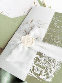 Clear Acrylic Wedding Invitation Suite, Sage Green Wedding Invite with Vellum Wrap & Wax Seal | Venue Joannitów Castle