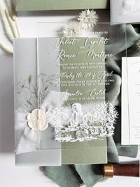 Clear Acrylic Wedding Invitation Suite, Sage Green Wedding Invite with Vellum Wrap & Wax Seal | Venue Joannitów Castle
