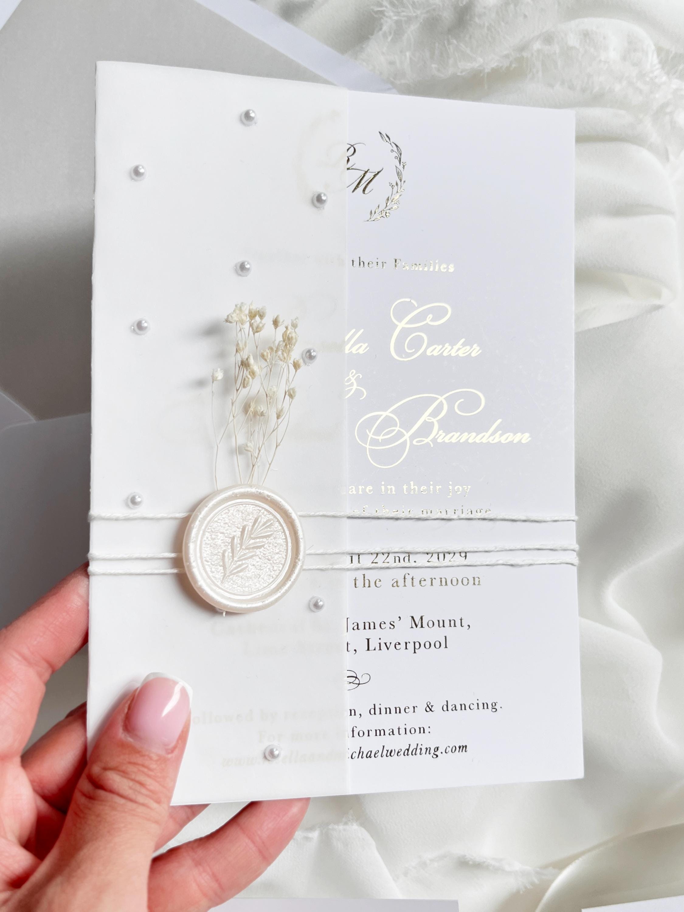 Gold Foil Wedding Invitation Suite with Pearl Embellishments, Wax Seal & Dried Flowers