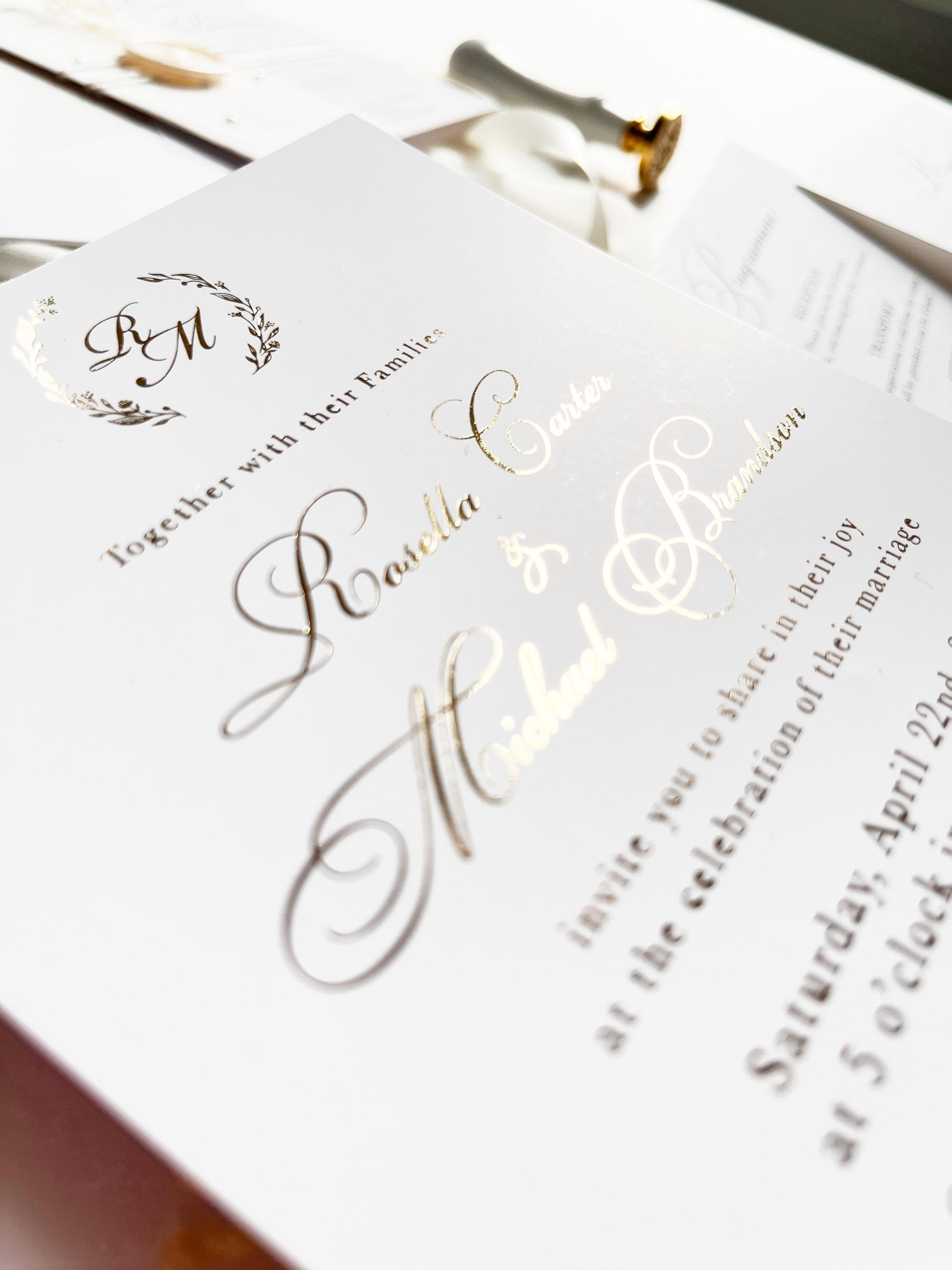 Gold Foil Wedding Invitation Suite with Pearl Embellishments, Wax Seal & Dried Flowers