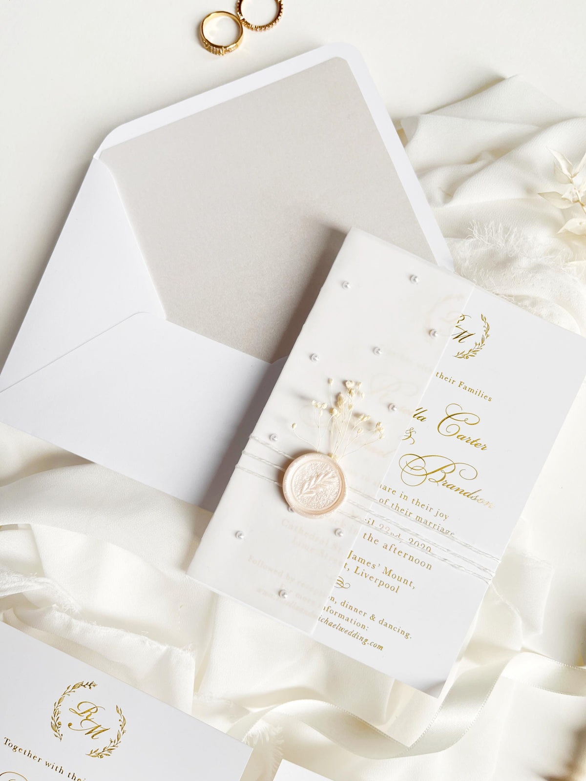 Gold Foil Wedding Invitation Suite with Pearl Embellishments, Wax Seal & Dried Flowers