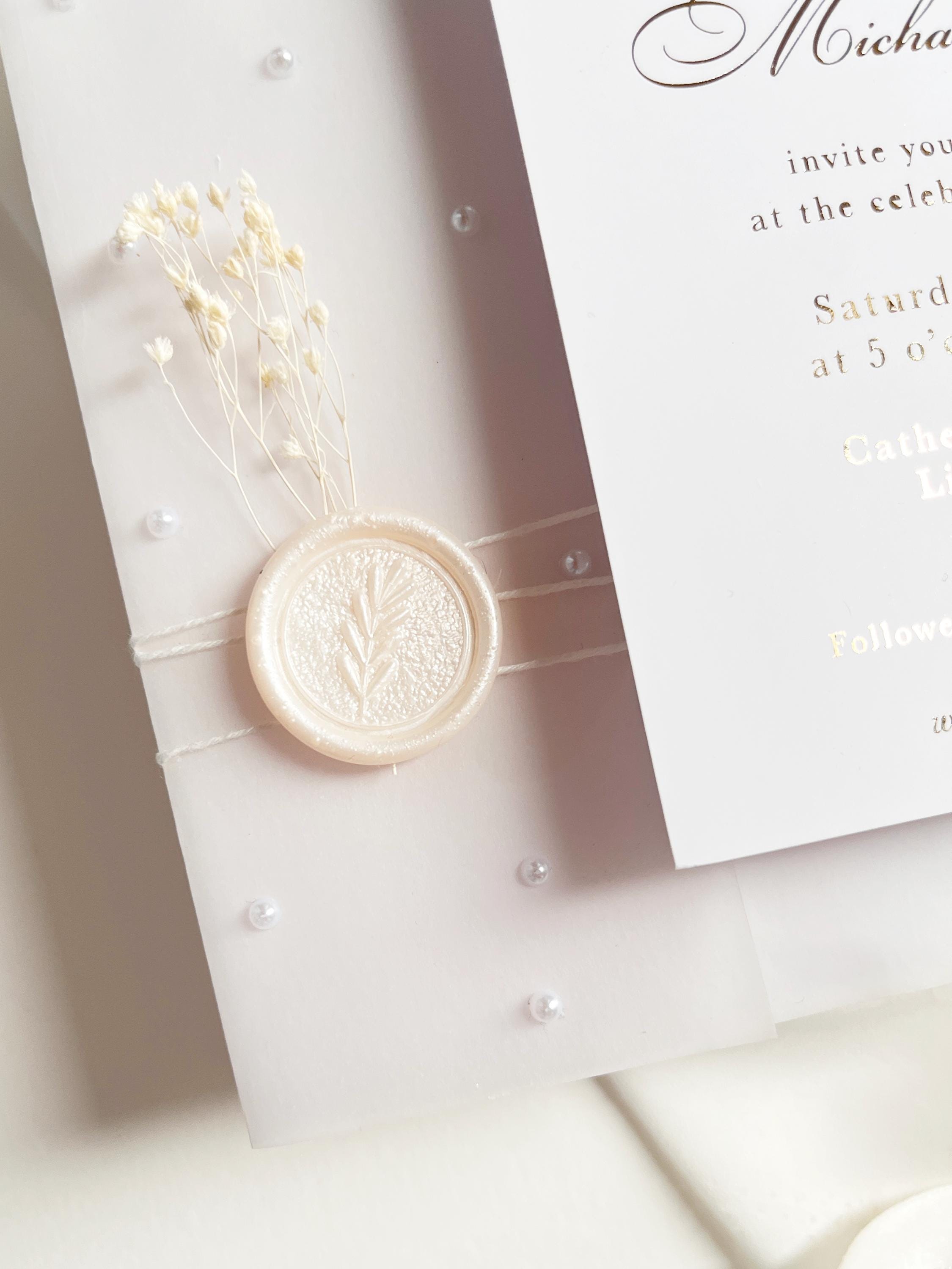 Gold Foil Wedding Invitation Suite with Pearl Embellishments, Wax Seal & Dried Flowers