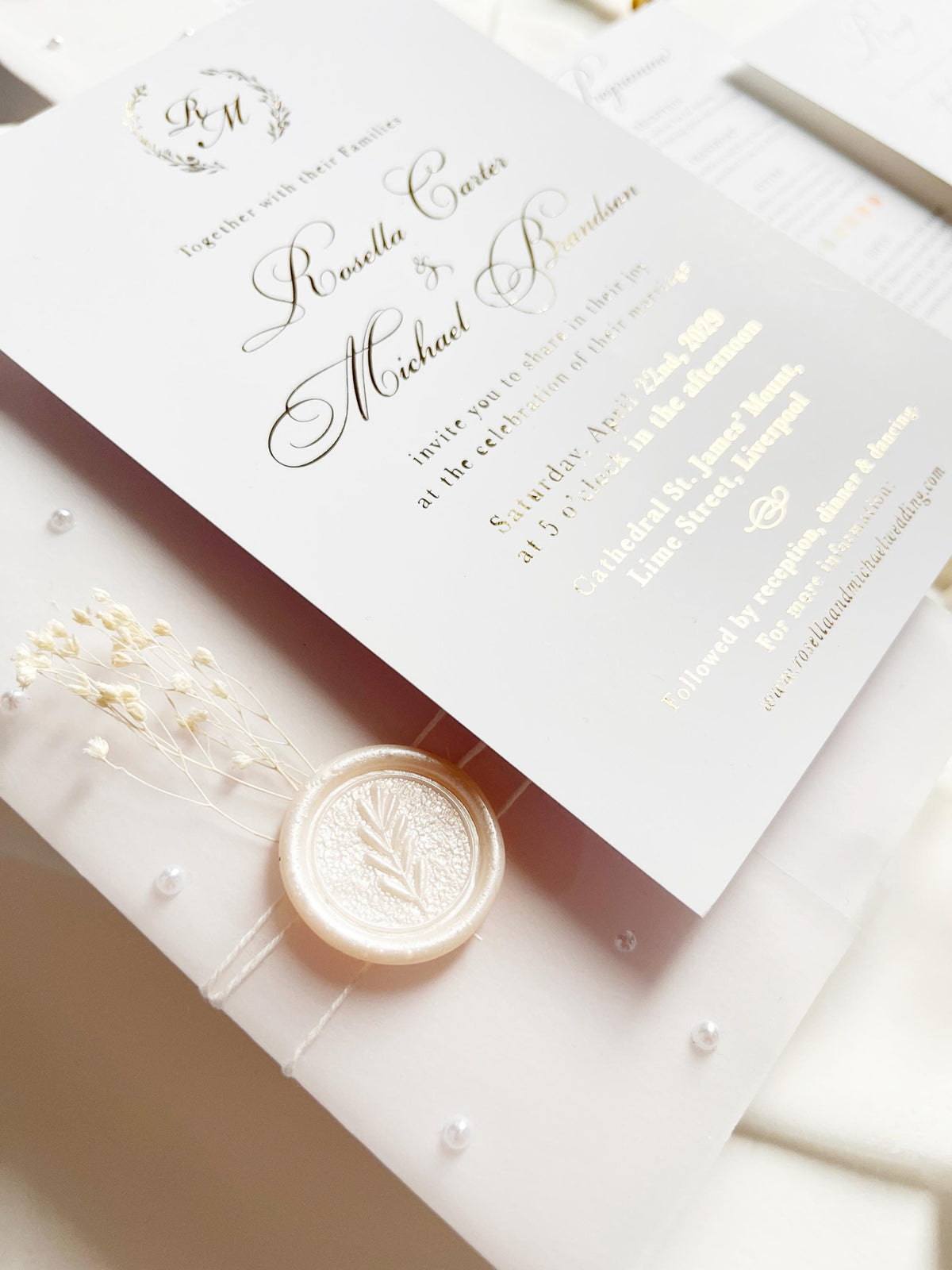 Gold Foil Wedding Invitation Suite with Pearl Embellishments, Wax Seal & Dried Flowers