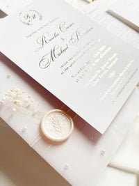 Gold Foil Wedding Invitation Suite with Pearl Embellishments, Wax Seal & Dried Flowers