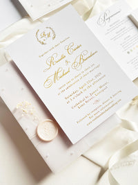 Gold Foil Wedding Invitation Suite with Pearl Embellishments, Wax Seal & Dried Flowers