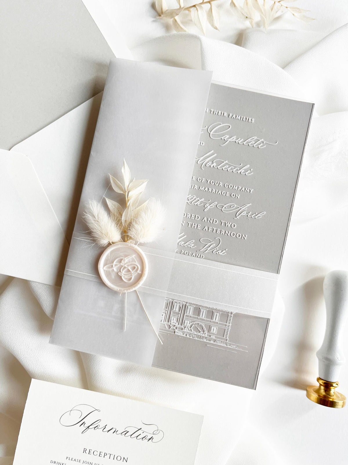 Grey Acrylic Wedding Invitation Suite with Venue Sketch & Dried Flowers Wax Seal | Minimal Modern Clear Invite