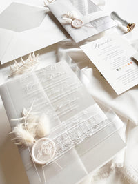 Grey Acrylic Wedding Invitation Suite with Venue Sketch & Dried Flowers Wax Seal | Minimal Modern Clear Invite