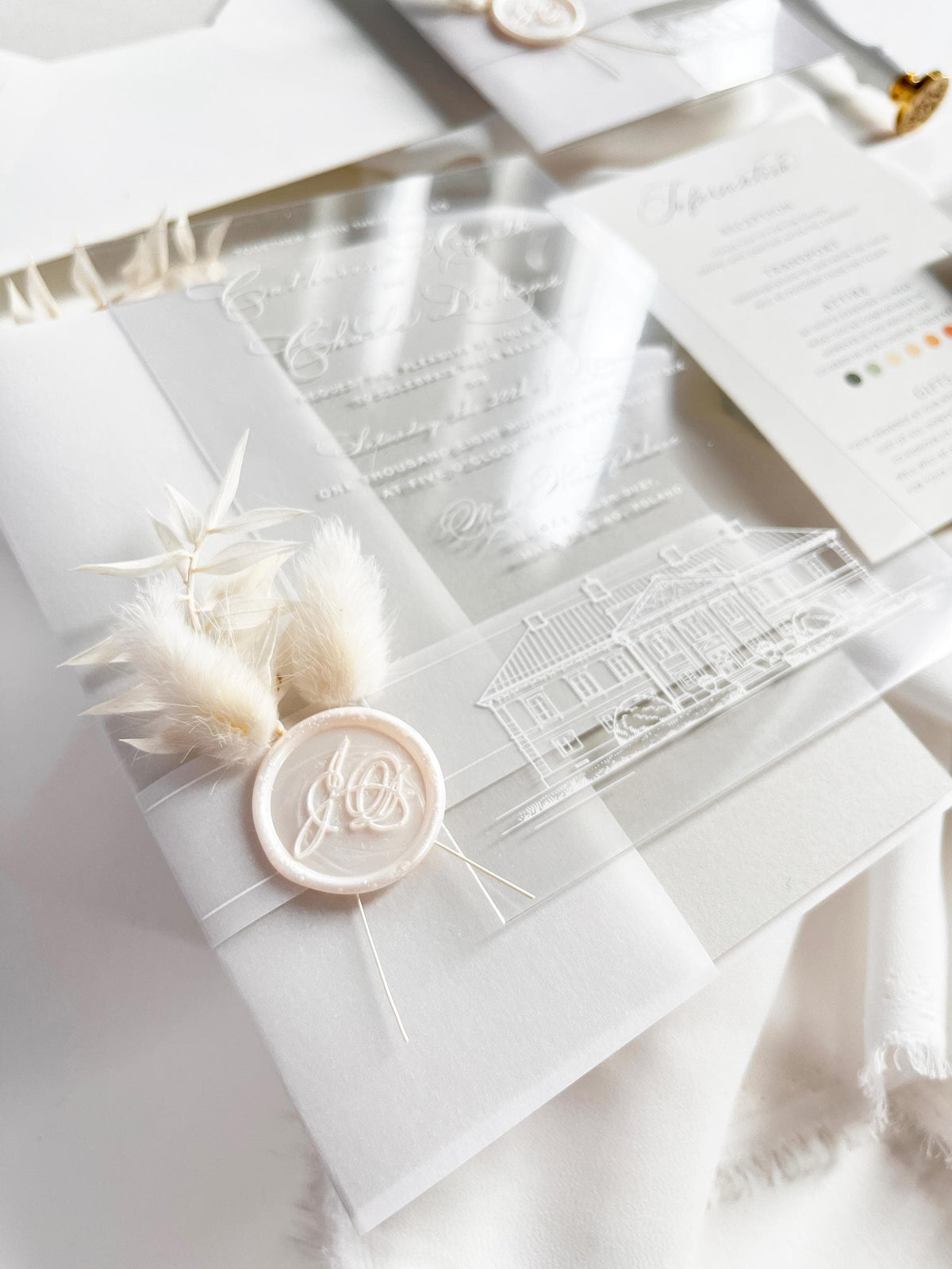 Grey Acrylic Wedding Invitation Suite with Venue Sketch & Dried Flowers Wax Seal | Minimal Modern Clear Invite