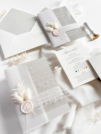 Grey Acrylic Wedding Invitation Suite with Venue Sketch & Dried Flowers Wax Seal | Minimal Modern Clear Invite