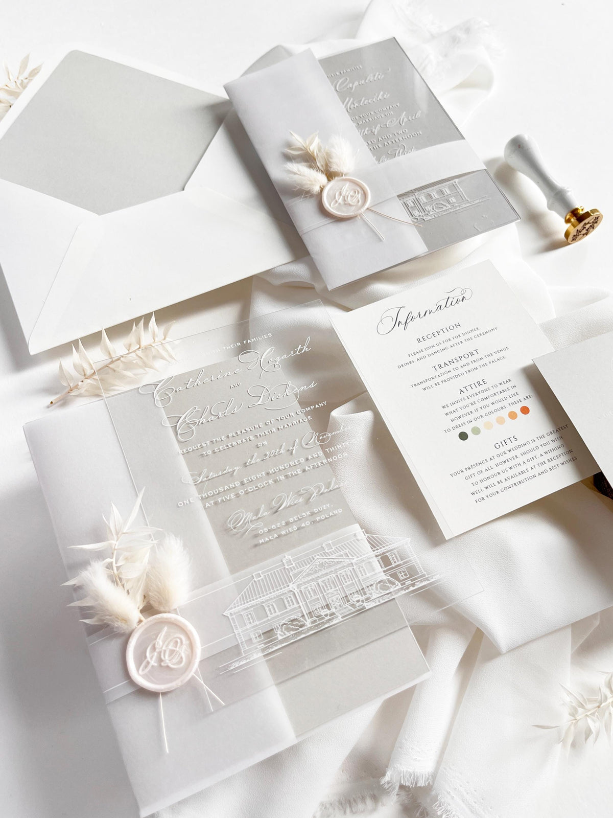 Grey Acrylic Wedding Invitation Suite with Venue Sketch & Dried Flowers Wax Seal | Minimal Modern Clear Invite
