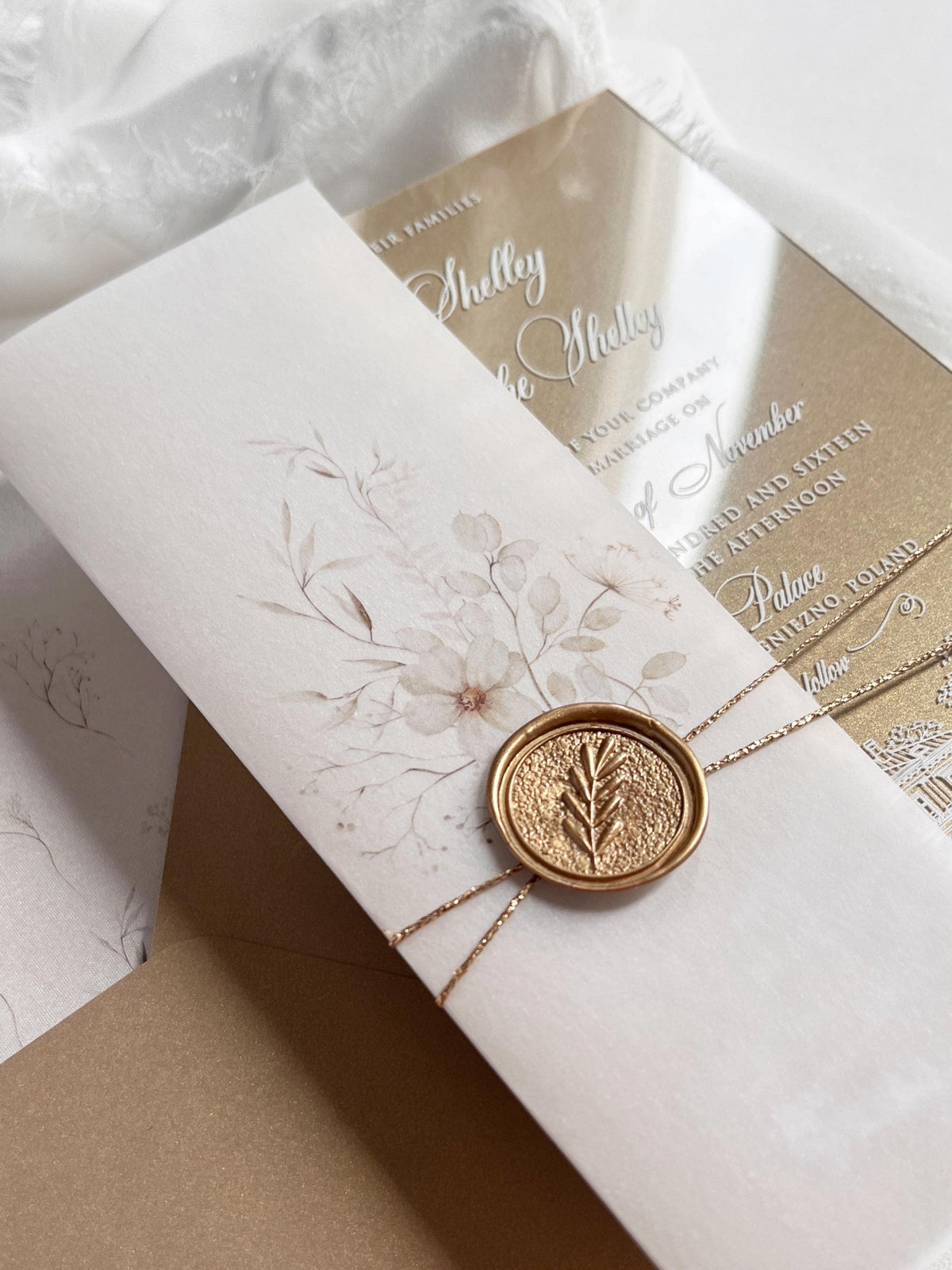 Fine Art Acrylic Wedding Invitation Suite | Old Gold Stationery with Venue Sketch & Floral Vellum, Wax Seal | Balcerowo Palace