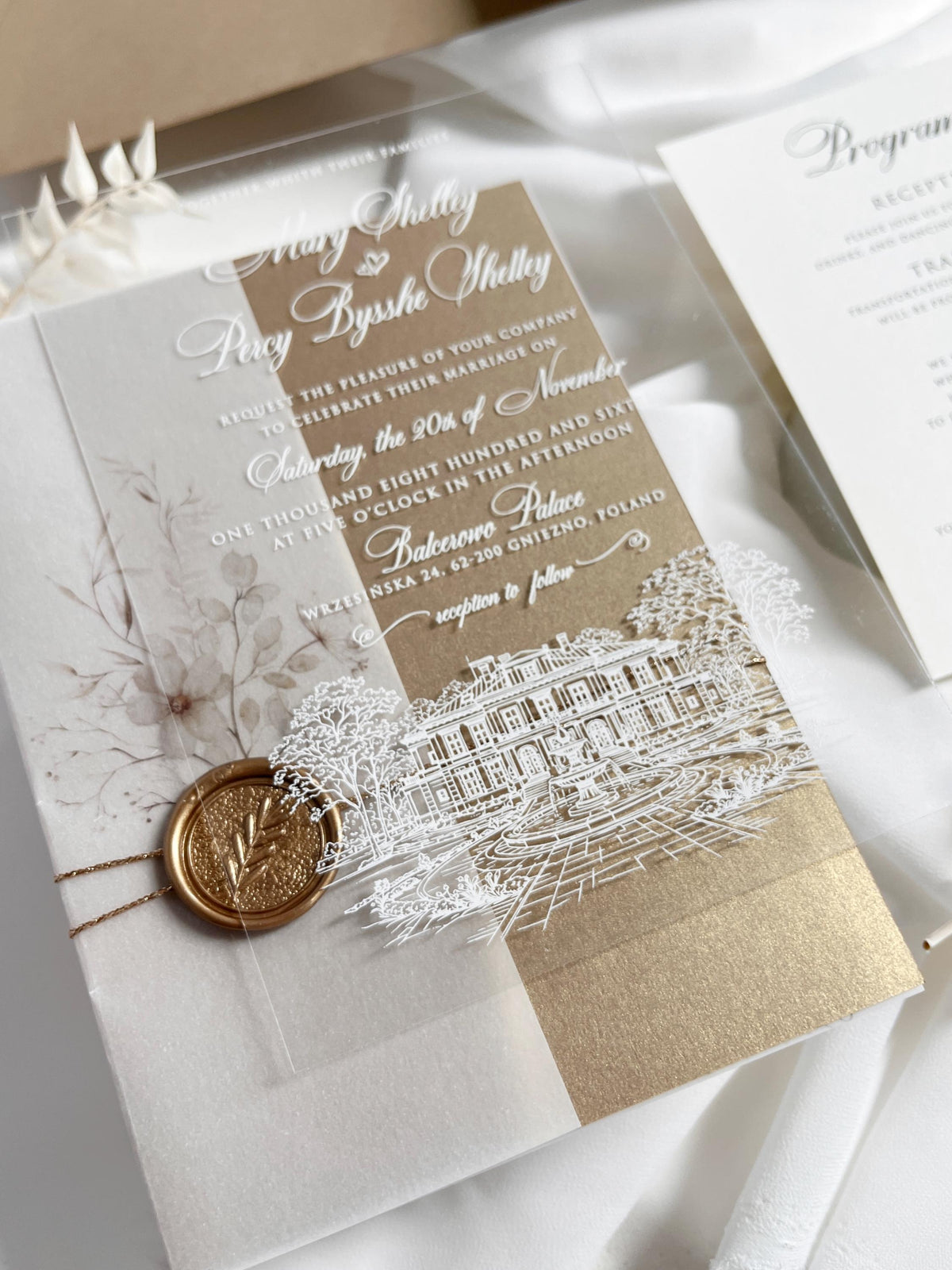 Fine Art Acrylic Wedding Invitation Suite | Old Gold Stationery with Venue Sketch & Floral Vellum, Wax Seal | Balcerowo Palace