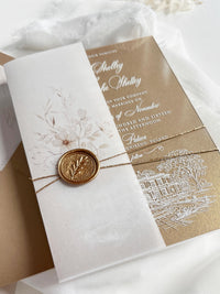 Fine Art Acrylic Wedding Invitation Suite | Old Gold Stationery with Venue Sketch & Floral Vellum, Wax Seal | Balcerowo Palace