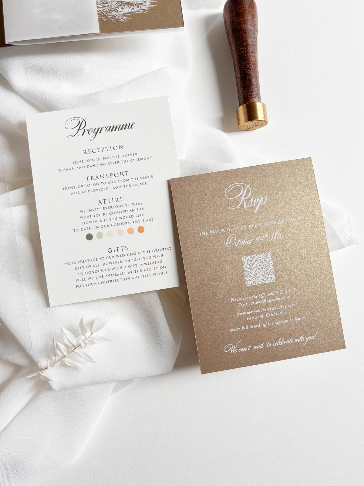 Fine Art Acrylic Wedding Invitation Suite | Old Gold Stationery with Venue Sketch & Floral Vellum, Wax Seal | Balcerowo Palace