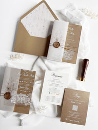 Fine Art Acrylic Wedding Invitation Suite | Old Gold Stationery with Venue Sketch & Floral Vellum, Wax Seal | Balcerowo Palace