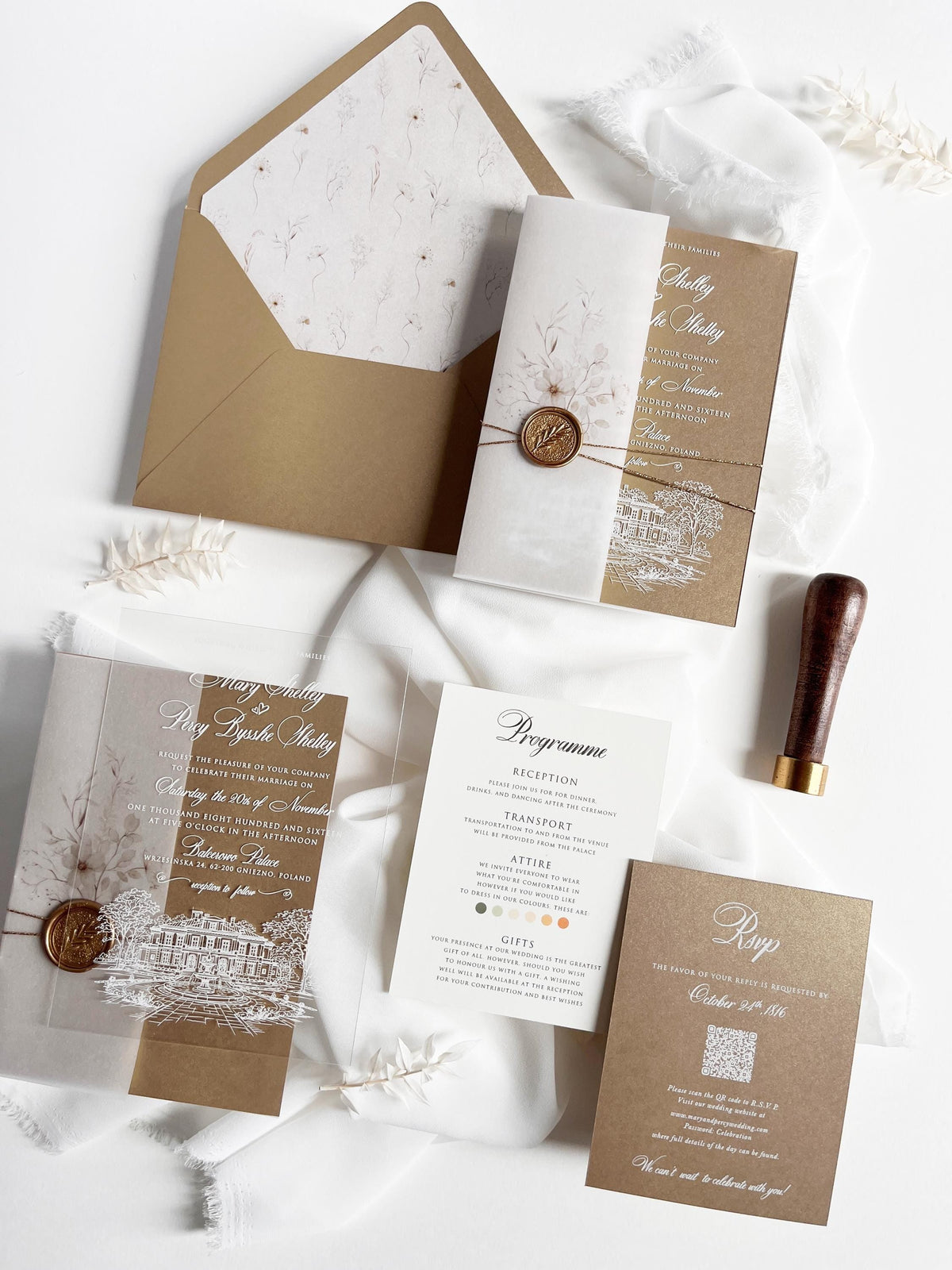 Fine Art Acrylic Wedding Invitation Suite | Old Gold Stationery with Venue Sketch & Floral Vellum, Wax Seal | Balcerowo Palace