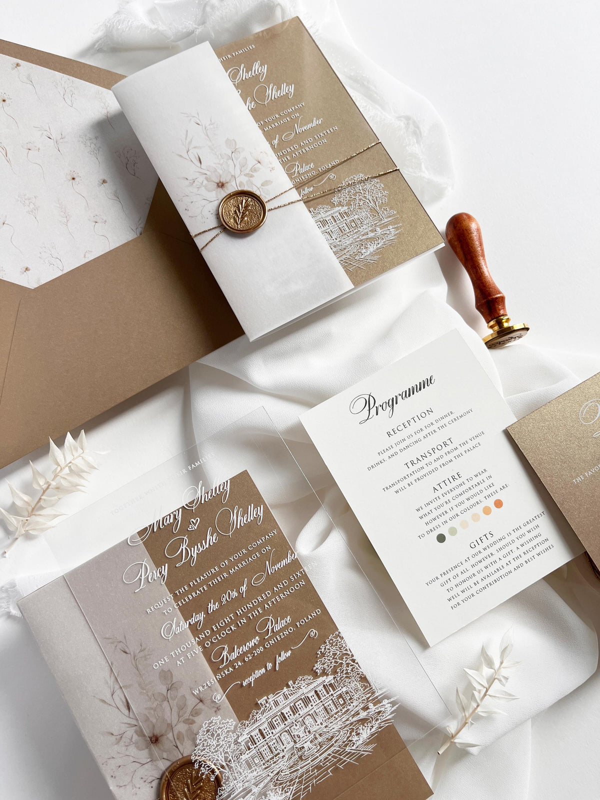 Fine Art Acrylic Wedding Invitation Suite | Old Gold Stationery with Venue Sketch & Floral Vellum, Wax Seal | Balcerowo Palace