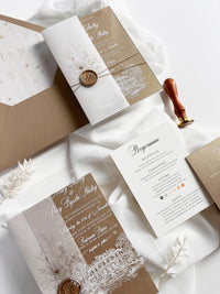 Fine Art Acrylic Wedding Invitation Suite | Old Gold Stationery with Venue Sketch & Floral Vellum, Wax Seal | Balcerowo Palace