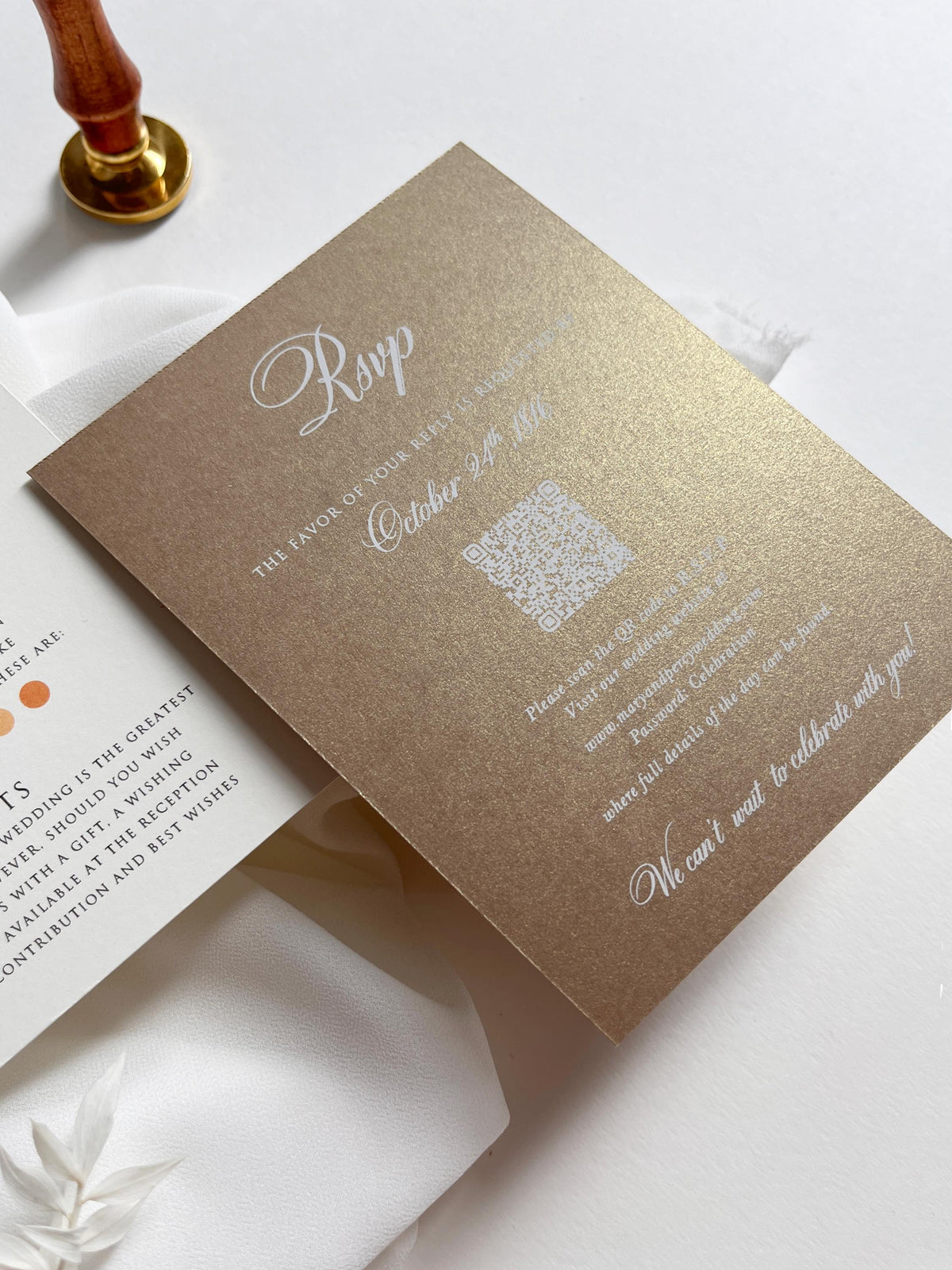Fine Art Acrylic Wedding Invitation Suite | Old Gold Stationery with Venue Sketch & Floral Vellum, Wax Seal | Balcerowo Palace