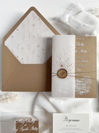 Fine Art Acrylic Wedding Invitation Suite | Old Gold Stationery with Venue Sketch & Floral Vellum, Wax Seal | Balcerowo Palace