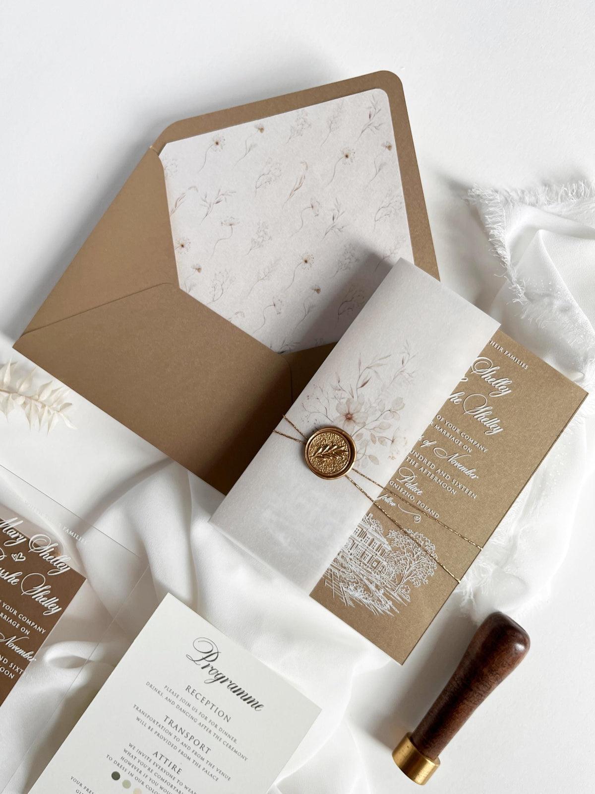 Fine Art Acrylic Wedding Invitation Suite | Old Gold Stationery with Venue Sketch & Floral Vellum, Wax Seal | Balcerowo Palace
