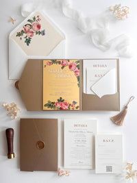 Gold Mirror Acrylic Wedding Invitation Suite - Personalised Invite, Details, RSVP, Custom Colour Tri-Fold Pocket