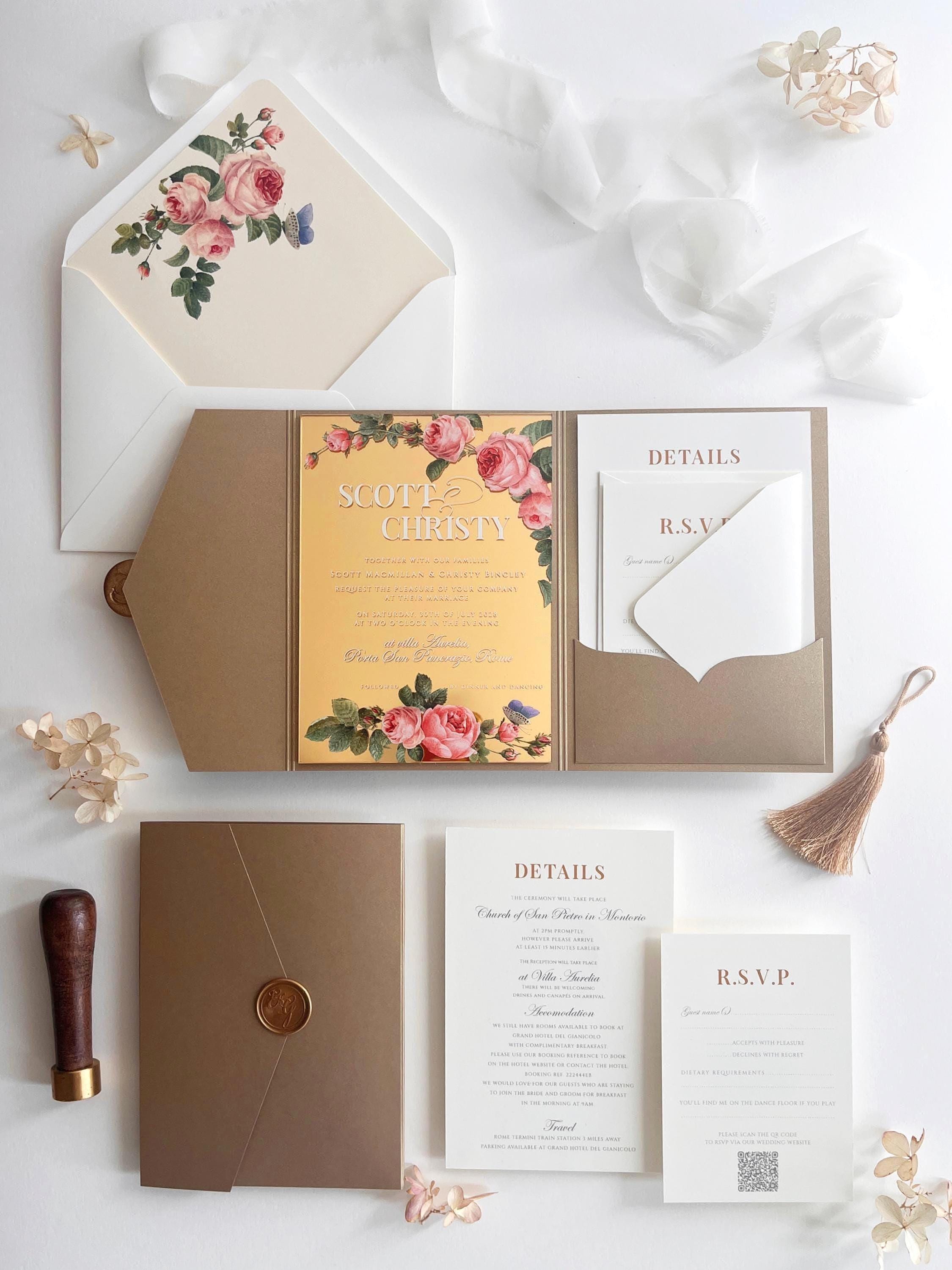 Gold Mirror Acrylic Wedding Invitation Suite - Personalised Invite, Details, RSVP, Custom Colour Tri-Fold Pocket